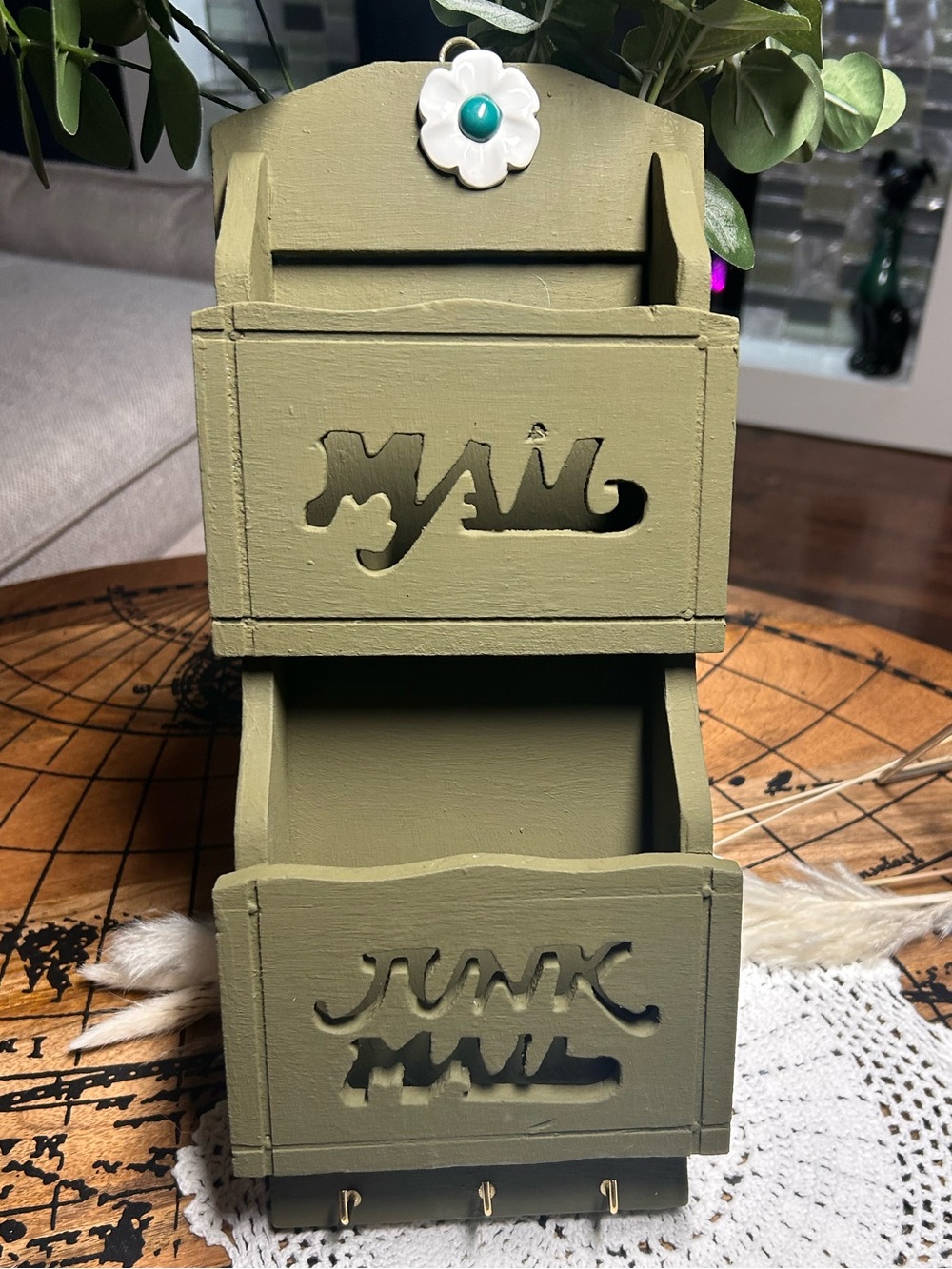 Vintage Upcycled Wooden Mail Organizer | Olive Green Wall mail Holder + Key